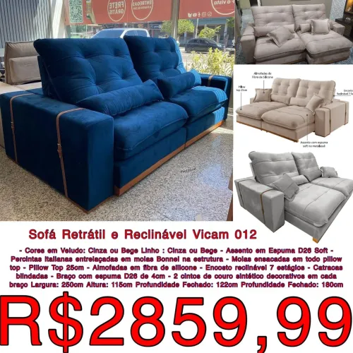 Sofá Vicam 012 molas ensacadas linho ou veludo 2.50m / frete grátis 