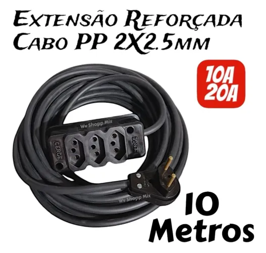 Extensão Elétrica 10 Metros - Cabo Pp 2x2,5 mm Grossa Profissional - Pronta Entrega