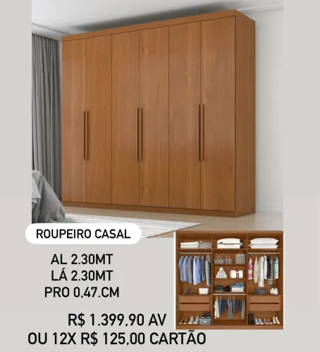 Roupeiro casal 2.30 de largura. Montagem grátis 