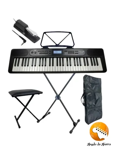 KIT-Teclado 61 Teclas Sensitivas BT + Suporte Em X + Pedal Sustain + Banqueta + Capa 