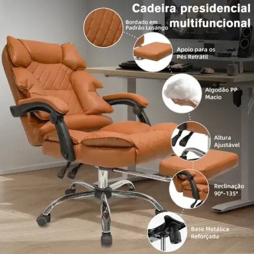 Cadeira de Escritório Ergonômica Presidente, Giratória com Apoio de Pés, Ajuste de Encosto