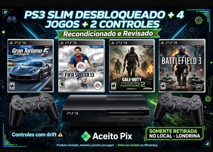 PS3 SLIM DESBLOQUEADO + 5 JOGOS FÍSICOS + RECONDICIONADO