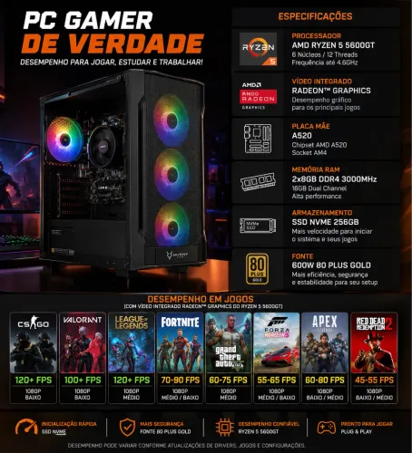 Pc gamer ryzen 5 5600GT com vídeo integrado