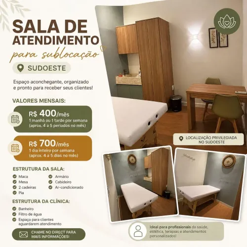 Sublocação de Sala de Atendimento no Sudoeste - Ideal para Saúde e Estética.