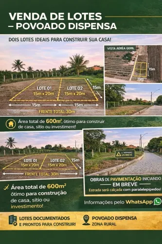 Vende-se Lote 15x20m, 300m²  no Centro do Povoado dispensa 