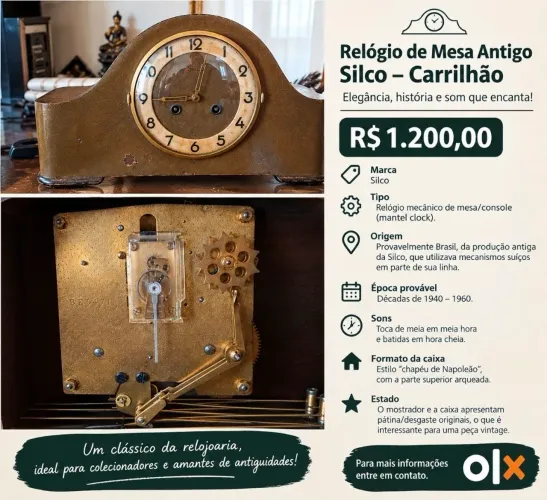 Relógio antigo de mesa à corda/ baixou para R$900