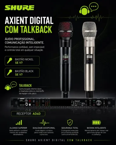 Sistema Sem Fio AXIENT DIGITAL SHURE AD4D AD2 Bastão Black e Nickel ( Com TALKBACK)