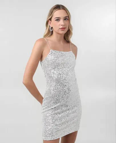 vestido curto de paetê prata - riachuelo