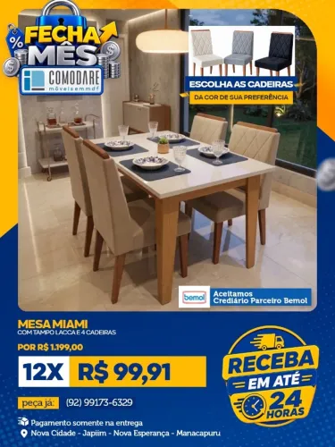 Mesa Miami com Tampo Lacca e 4 Cadeiras - R$ 1.199,00