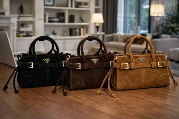 Bolsa de Ombro Prada camurça com Alças Superiores Fivela Dourada