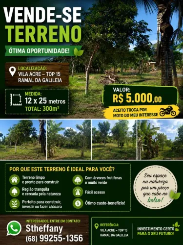 Vendo terreno no vila acre top 15 ramal da Galileia 