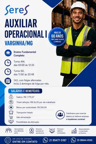 Auxiliar Operacional (Varginha/MG), R$ 1.775,57 + Benefícios 