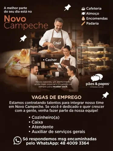 Vagas de Cozinheiro, Caixa, Atendente e Auxiliar de Serviços Gerais