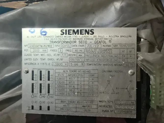 VENDO TRANSFORMADOR SIEMENS 2000 KVA A SECO 13.8KV / 380/220V COBRE