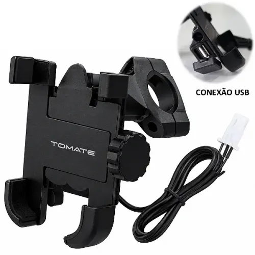 Suporte de Celular para Moto em Alumínio com Carregador USB 5V/2.1A - Tomate MTG-035A