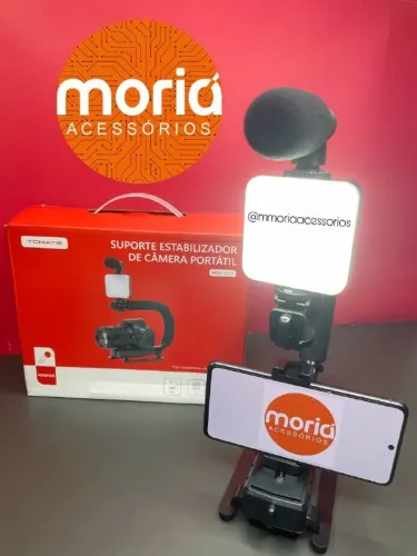 Estabilizador de Câmera Profissional Suporte de Celular Com Luz LED e Microfone Seguro e E