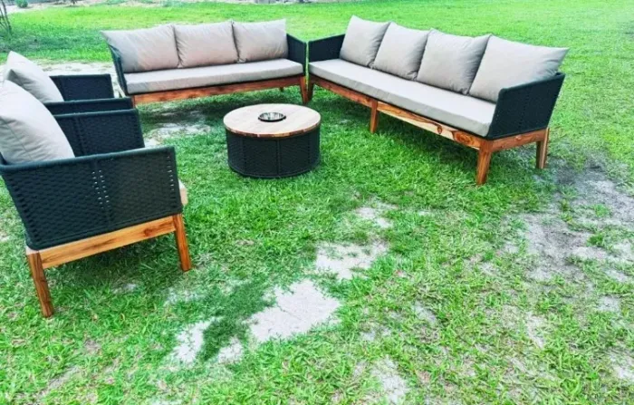 CONJUNTO DE SOFÁ BELGA EM MADEIRA E FITA NAUTICA