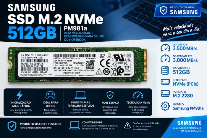 SSD M.2 NVMe Samsung PM981a 512GB - Alta Velocidade para Notebook e PC