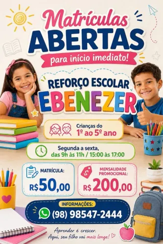 Matrículas abertas Reforço Escolar Ebenezer