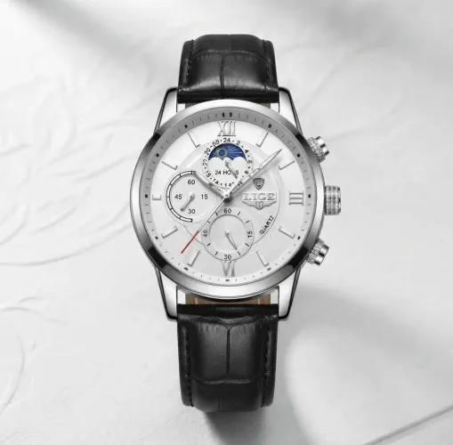 Relógio Premium LIGE LG8932D Luxuoso Silver White Pulseira Couro Preto C Cronografos TOP