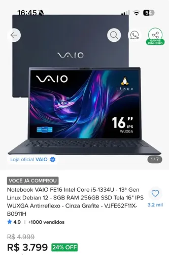 Notebook Vaio FE16intel Corei5 - operacional LinuxDebian 12