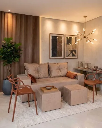 Sofá quadrado 3 lugares com 2 cadeiras de apoio com centro, puff e almofadas decorativas
