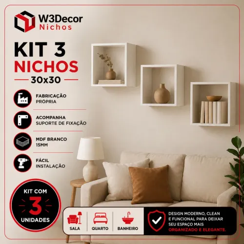 Kit 3 Nichos Prateleiras 30x30 - 100% MDF Branco