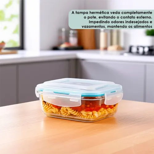? Kit Potes de Vidro Hermético Redondo/Retangular com 4 Travas (Marmita Fit)