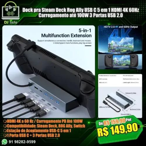 Dock pra Steam Deck Rog Ally USB C 5 em 1 HDMI 4K 60Hz Carregamento até 100W