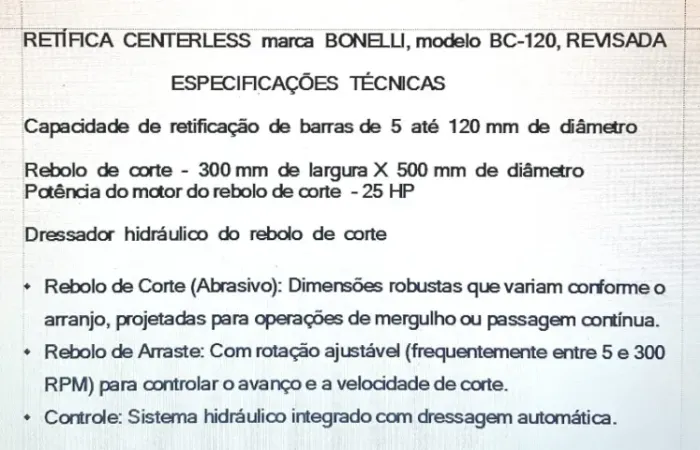 RETIFICA CENTERLESS BONELLI , modelo BC-120. TOTALMENTE REVISADA.