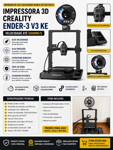 Impressora 3D Creality Ender-3 V3 KE - Semi Nova | Alta Velocidade | Até 500 mm/s