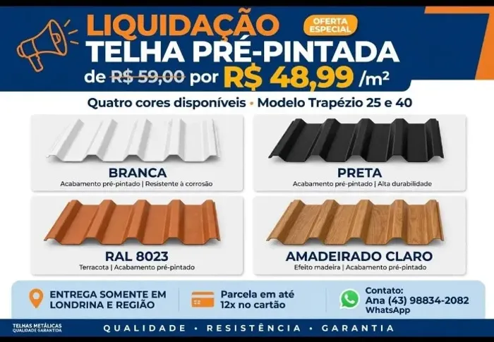 QUEIMA DE ESTOQUE- Telhas De Zinco Pré-Pintadas
