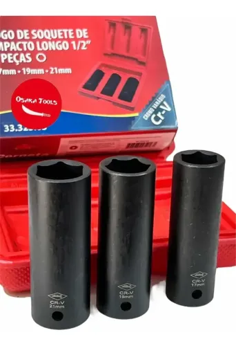 Jogo Soquete Impacto Longo 1/2 3 Peças Corneta 17mm 19mm 21mm