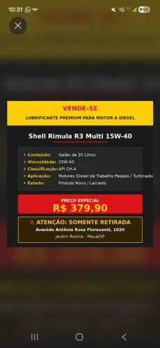 LUBRIFICANTE 20 LITROS SHELL RIMULA 15W40