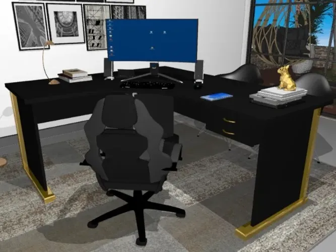 Mesa Executiva Delluxe Black Gold. 4 Tomadas. Em L : L200cm x P160cm x A74cm