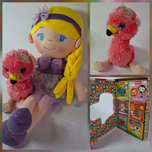 Kit 3 Brinquedos: Boneca de pano vestido lilás Fofy Toys + 