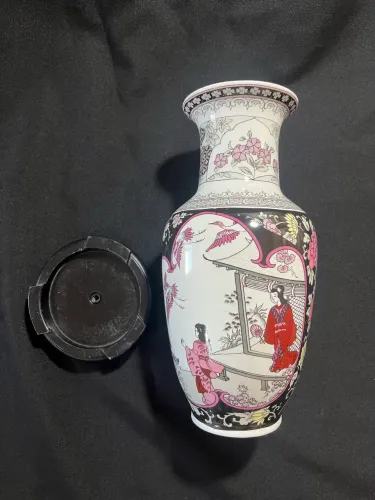 Vaso porcelana oriental base madeira