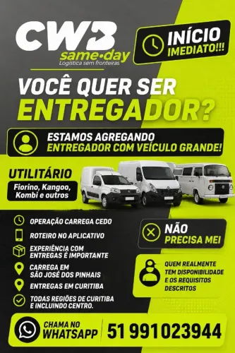 AGREGAMOS MOTORISTAS COM UTILITÁRIO EM CURITIBA - INÍCIO IMEDIATO