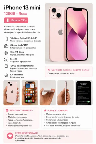 iPhone 13 Mini 128GB Rosa | 77% Bateria | Poucas Marcas de Uso