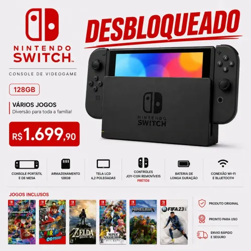 Nintendo Switch Console Videogame 128GB Vários Jogos