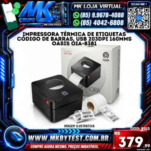 Impressora Térmica De Etiquetas Código De Barras, Usb 203dpi 160mms Oásis Oia-8381