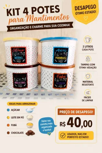 Kit 4 Potes para Mantimentos - Estilo Tupperware