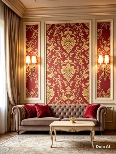 Papel de parede arabesco vermelho com dourado luxuoso rolo  10mx53cm cobre 4.3m2 lavável 