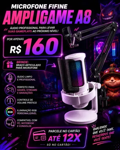 Microfone Fifine, RGB, Cor Branca + Braço Articulado.