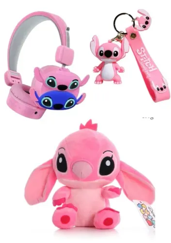 Stitch Rosa kit fone de ouvido sem fio pelúcia e chaveiro novo