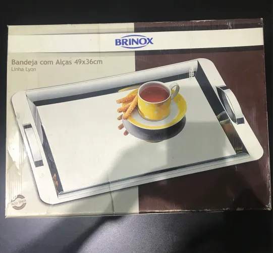 Bandeja Aço Inox Retangular Com Alça Grande E Rasa 40x28cm