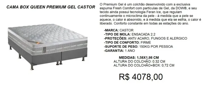 Cama Box Castor Premium Gel com Fresh Confort- Entrega Gratis