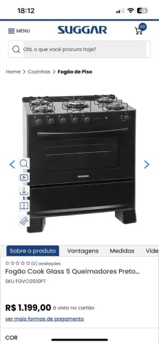 Fogão Suggar Cook Glass 5 bocas - NOVO (faltando bocas e 2 pés)