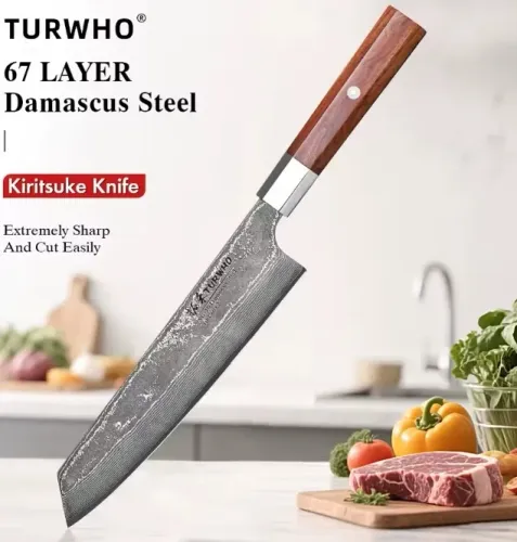 Faca Kiritsuke 8.2 Pol TURWHO Aço Damasco 67 Camadas Cabo Rosewood