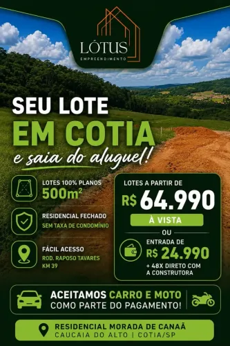 SUA CHÁCARA COMEÇA AQUI! LOTES DE 500M² EM COTIA!!!